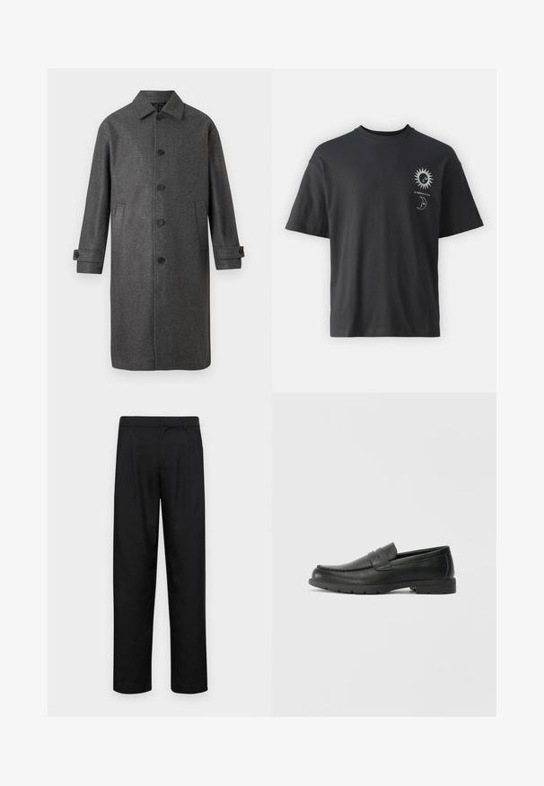 Gray wool blend coat with a straight cut, button front, two side pockets, and adjustable cuffs. Features a classic collar design.; Black cotton t-shirt with short sleeves, round neck, and front graphics of a sun and moon, accompanied by text "Le Soleil et La Lune."; Black trousers made of smooth fabric, featuring a straight-leg design, two front pleats, and standard waistband with belt loops.; Black leather loafers with a smooth finish, moccasin-style upper, stitched detailing, and a rubber sole. Classic design with a low heel.