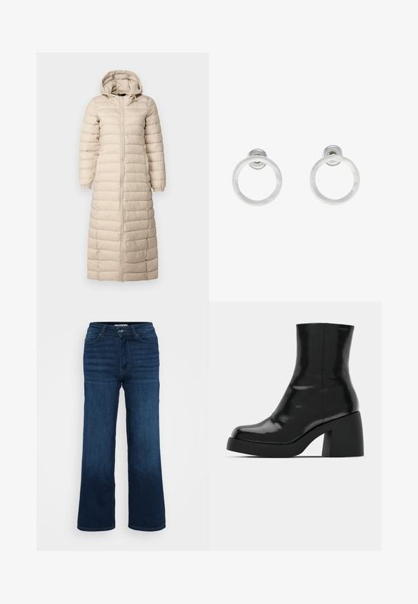 Long, beige padded coat with a hood, vertical quilted design, full zipper front, and elastic cuffs. Features an ankle-length cut.; Even&Odd Petite 2 PACK - Top - light grey/black; ONLY Petite ONLMADISON BLUSH WIDE - Wide Leg - dark blue denim; Black ankle boots with a glossy finish, square toe, and a thick block heel. The design features a seamless silhouette and minimal branding.; Silver metal hoop earrings with a brushed texture, featuring a circular design and a clear post back for secure wear.