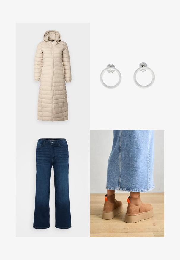 Dugi, bež kaput s podstavom i kapuljačom, vertikalni kvadratni dizajn, puni patentni zatvarač sprijeda i elastične manžete. Ima kroj do gležnjeva.; Even&Odd Petite 2 PACK - Top - light grey/black; ONLY Petite ONLMADISON BLUSH WIDE - Široke nogavice - dark blue denim; Smeđe suede platform čizme s elastičnim bočnim panelima i narančastim vučnim trakama, uparenim s suknjom od svijetlog denima do koljena na drvenom podu.; Srebrne metalne naušnice u obliku prstena s brušenom teksturom, s kružnim dizajnom i prozirnom vrstom kopče za sigurno nošenje.