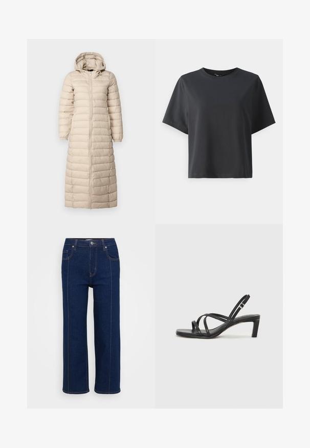 Garš bēšs pufīgs mētelis ar kapuci, vertikāla quilted dizaina, pilna rāvējslēdzēja priekšpusi un elastīgām aprocēm. Iezīmē potītes garumu.; Melnas kokvilnas t-krekls, īsām piedurknēm, apaļš kakls, brīvs piegriezums, gluda tekstūra, vienkāršs dizains, bez rakstiem vai akcentiem.; Tumši zili taisni džinsi ar pogu aizdari, priekšējām un aizmugurējām kabatām, kā arī redzamām oranžām šuvēm.; Melnas strappy sandales ar kvadrātveida purngaliem un zemu bloku papēdi. Ievērojamas ar vairākiem plāniem siksniņām un regulējamu potītes siksniņu. Izgatavotas no gludas ādas.