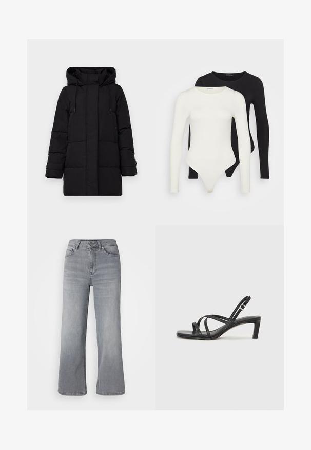 Vero Moda Petite VMLEONIELEA JACKET - Dunjakke - black; To langermagede bodysuit i hvit og svart. Laget av glatt stoff, med rund hals og en thong-bunn for en strømlinjeformet passform.; Lys grå denim bred-bente jeans med høy livhøyde, fem lommer og klassisk glidelås- og knappestenging. Myk tekstur med lett slitasje.; Sorte sandaler med stropper, firkantet tå og lav blokk hæl. Har flere tynne stropper og en justerbar ankelstropp. Laget av glatt lær.