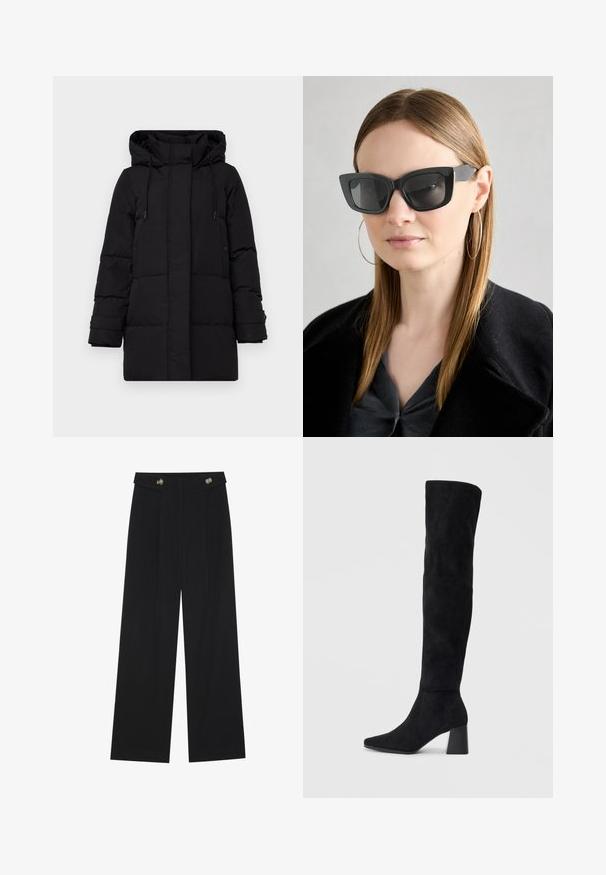 Vero Moda Petite VMLEONIELEA JACKET - Dunjakker - black; Sort langærmet top med flagrende manchetter, blød tekstur og en afslappet pasform, samt en enkel rund halsudskæring.; Sorte vide bukser med høj talje, knapdetaljer på taljebåndet og frontfald.; Sorte ruskind støvler i knæhøjde med blokheel, spids tå og glat, sømløs design på en enkel lys baggrund.; Sorte katteøje solbriller med mørke linser, tykke rammer og subtile detaljer. Båret med en sort frakke og en grå bluse, med langt, glat hår.