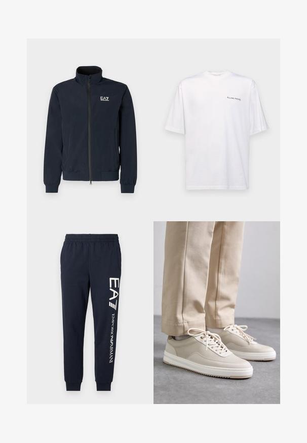 Jaqueta leve em azul-marinho com fecho de correr, gola alta e punhos elásticos. Apresenta um logótipo EA7 branco no peito esquerdo.; T-shirt branca de manga curta em algodão com decote em V, apresentando um logótipo preto "FILLING PIECES" impresso do lado esquerdo.; Calças de jogging em algodão azul-marinho com cintura elástica, pernas ajustadas e logótipos EA7 e Emporio Armani em branco contrastante impressos ao longo do lado.; Sapatilhas bege com um upper texturizado, solas brancas e detalhes cosidos, combinadas com calças bege, expostas sobre uma superfície cinza.