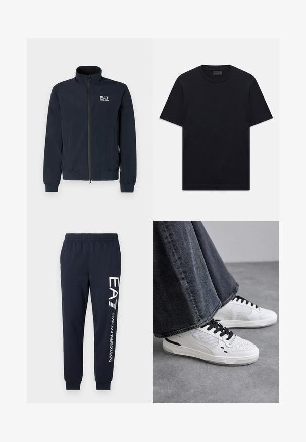 Tumed sinise kerge jakk, millel on lukuga sulgemine, kõrge krae ja elastsed varrukad. Vasakul rinnal on valge EA7 logo.; Must ja lühikeste varrukatega T-särk ümaratest kaelusest, diskreetne reljeefne logo disain, mis on keskendatud rinnale, ja kaubamärgiga silt kaeluses.; Tumedate sinised puuvillased dressipüksid, millel on elastne vöökoht, kitsenevad sääred ja kontrastsed valged EA7 ja Emporio Armani logod trükituna küljele.; Valged sneakerid mustade paelte ja võrgukaunistustega. Omavad siledat nahast ülemist osa ja tekstureeritud kummist tallat. Kombineeritud laiade hallide teksadega.