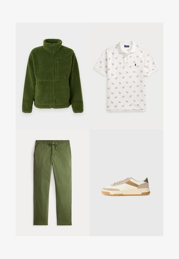 Casaco de fleece verde com fecho total, gola alta, bolso de peito com fecho, mangas longas e tecido suave e texturado.; Camisola polo branca feita de algodão, com um padrão repetido de cães azuis e um pequeno logotipo azul no peito. Mangas curtas e colarinho.; Calças casuais masculinas em verde-oliva com cintura elástica, cordão de ajuste, fecho de botão e bolsos laterais, exibidas planas sobre fundo branco.; Ténis em bege, creme e verde oliva, com materiais em camurça e couro, bico redondo, design minimalista e sola em borracha.