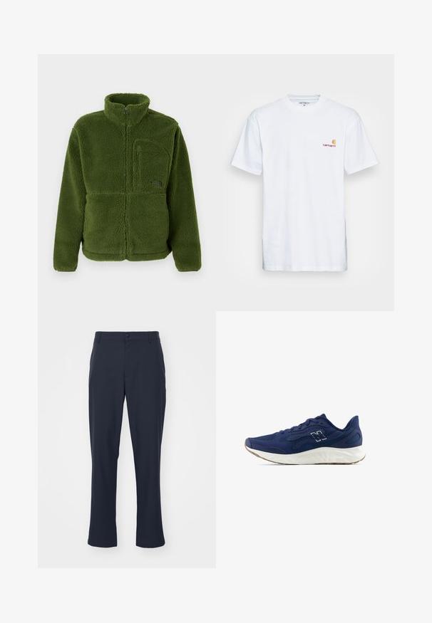 Green full-zip fleece jacket with high collar, zippered chest pocket, long sleeves, and soft textured fabric.; White cotton t-shirt with short sleeves. Designed with a small orange and maroon logo on the left chest. Features a classic crew neck.; Navy blue, tailored trousers in polyester blend material. Features a button closure, side pockets, and a straight leg design.; Navy running shoe with textured mesh upper, white midsole, and light brown outsole. Features a minimal design and discreet logo detail.