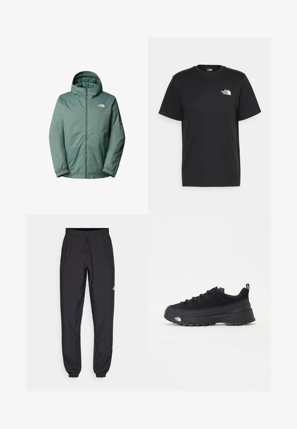 Green hooded jacket with a full front zipper. Made from lightweight, water-resistant fabric. Features elastic cuffs and a logo on the chest.; Black cotton t-shirt with short sleeves, crew neck, and a small white logo on the left chest. Simple design, smooth texture, and relaxed fit.; Black athletic pants made from lightweight fabric, featuring a drawstring waistband, side pockets, and tapered cuffs at the ankles.; Black outdoor sneaker with a suede upper, textured rubber sole, and sturdy lacing system. Features a reinforced heel and brand logo on the side.