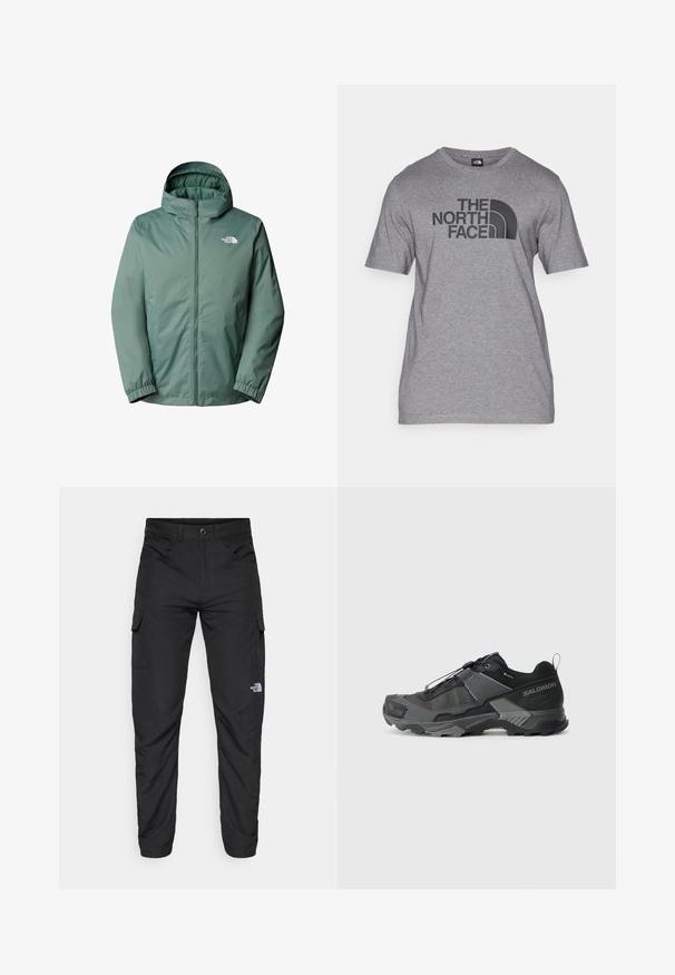 Zielona kurtka z kapturem, z pełnym zamkiem z przodu. Wykonana z lekkiego, wodoodpornego materiału. Posiada elastyczne mankiety i logo na klatce piersiowej.; Szara krótka koszulka z krótkim rękawem, wykonana z mieszanki bawełny, z czarnym nadrukiem graficznym "THE NORTH FACE" oraz szczegółowym logo w kształcie łuku na przodzie.; The North Face HORIZON czarny; Czarne buty do biegania po szlakach z trwałą siateczką górną, wzmocnionym czubkiem, teksturowaną gumową podeszwą oraz elastycznym systemem sznurowania dla pewnego dopasowania.