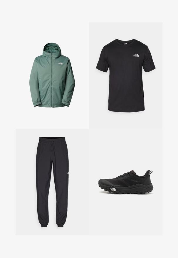 Grøn hættejakke med fuld front lynlås. Lavet af letvægts, vandafvisende stof. Har elastiske mansjetter og et logo på brystet.; Sort kortærmet t-shirt lavet af bomuld, med rund halsudskæring og et lille hvidt logo på den øverste venstre brystområde.; Sorte atletiske bukser lavet af letvægtsstof, med en snor i taljen, sidelommer og tapered manchetter ved anklerne.; Sort trail løbesko med en struktureret overdel, gummisål og forstærket tåhætte. Har en polstret krave og en pull-tab til nem påtagning.