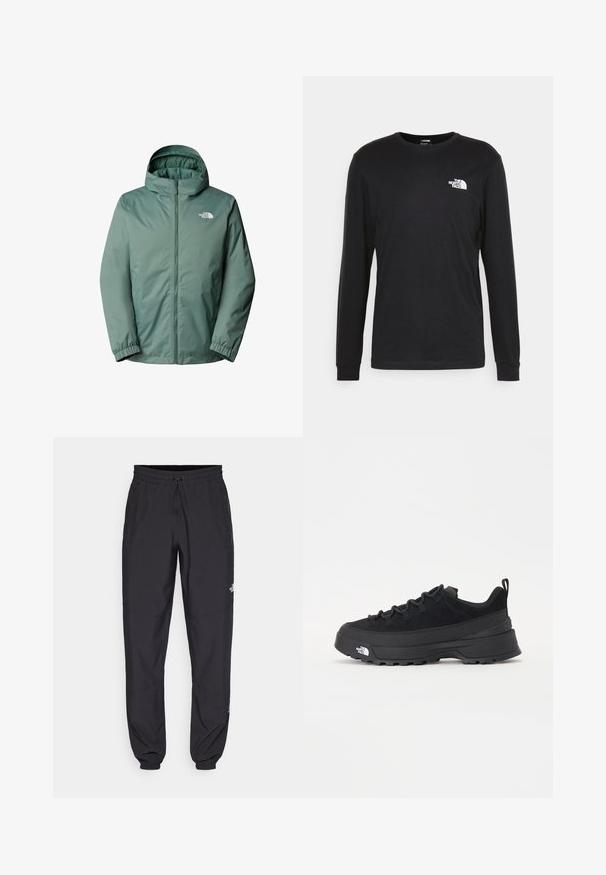 Green hooded jacket with a full front zipper. Made from lightweight, water-resistant fabric. Features elastic cuffs and a logo on the chest.; Black long-sleeve t-shirt made of cotton, featuring a white logo on the left chest and ribbed cuffs. Smooth texture with a crew neckline.; Black athletic pants made from lightweight fabric, featuring a drawstring waistband, side pockets, and tapered cuffs at the ankles.; Black outdoor sneaker with a suede upper, textured rubber sole, and sturdy lacing system. Features a reinforced heel and brand logo on the side.