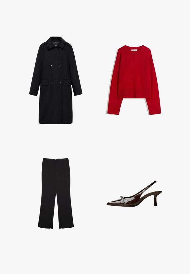 Mango Klasický kabát - black; Červený sveter s okrúhlym výstrihom, dlhými rukávmi a rebrovanými manžetami a spodným okrajom. Vyrobený z mäkkej, textúrovanej látky. Krátky strih.; Čierne nohavice so strihom rovného strihu, s prednými vreckami a bočnými rozparkami na leme. Vyrobené z mäkkej, hladkej tkaniny. Vhodné na rôzne príležitosti.; Hnedá laková slingback obuv s špicatou špičkou, nízkym opätkom a dekoratívnou mašľou vpredu. Hladká, lesklá štruktúra.