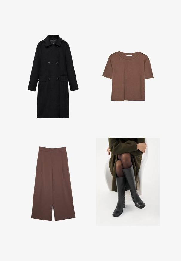 Mango Klassinen takki - black; Kahvinsävyinen lyhythihainen t-paita, joka on valmistettu pehmeästä kankaasta. Pyöreä pääntie ja rento malli. Ei näkyviä kuvioita tai koristeita.; Ruskeat leveälahkeiset housut, joissa on sileä pinta, korkea vyötärö ja etupleat. Kangas on kevyttä ja laskeutuu väljänä.; Polvisuoja mustat nahastossud, millel on ruudukujuline varvas ja plokk-kints, on esitatud mudeli seljas, kes istub oliivrohelises mantlis. Sile tekstuur, minimaalne detailitus.