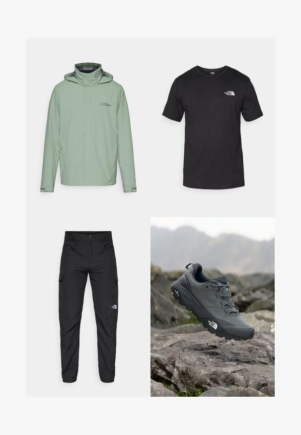 Lichtgroene waterdichte jas met hoge kraag, rits aan de voorkant, verstelbare capuchon en zijzakken. Gemaakt van soepel, duurzaam materiaal.; Zwarte T-shirt met korte mouwen van katoen, voorzien van een ronde halslijn en een klein wit logo op de bovenste linkerkant van de borst.; The North Face HORIZON PANT - Outdoorbroeken - black; Grijze trailrun-schoen met een gestructureerde bovenkant, duurzame rubbersole en versterkte neuskap. Voorzien van veters en een merkimprint aan de zijkant.