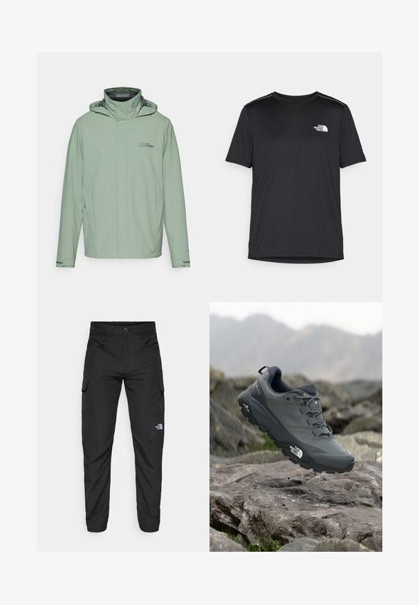 Casaco impermeável verde-claro com colarinho alto, fecho de correr à frente, capuz ajustável e bolsos laterais. Feito de material liso e durável.; T-shirt preto de manga curta feito de um tecido leve. Apresenta um pequeno logo branco ao lado esquerdo do peito e detalhes subtis nos ombros.; The North Face HORIZON PANT - Calças para exterior - black; Sapatilha de corrida em trilhos cinza com um cabedal texturizado, sola de borracha durável e ponteira reforçada. Apresenta atacadores e o logótipo da marca de lado.