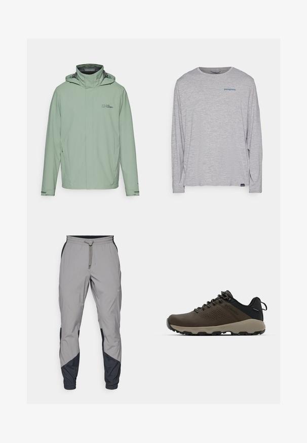 Šviesiai žalia vandeniui atspari striukė su aukštu apykakle, užtrauktuku priekyje, reguliuojama kapuche ir šoninėmis kišenėmis. Pagaminta iš lygios, patvarios medžiagos.; Šviesiai pilka ilgomis rankovėmis marškinėliai, pagaminti iš minkštos, tekstūruotos medžiagos. Yra apvalus kaklas ir mažas mėlynas "Patagonia" logotipas krūtinėje.; Lengvas, pilkos sportinės kelnės su juodais akcentais. Elastingas juosmuo, raišteliu užsegimas, siaurėjantis kojų dizainas ir šoninės kišenės.; Rudi nepralaidūs sportbačiai su tekstūruota viršutine dalimi, perforuotomis detalėmis, juodu kulno palaikymu ir pilku guminio padu. Šniūreliai yra dekoruoti metaliniais galais.