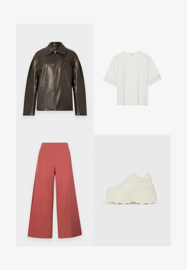 Casaco de couro castanho com fecho éclair à frente, gola pontiaguda e dois bolsos laterais. Apresenta uma costura horizontal no peito e uma textura suave.; T-shirt branco de manga curta feito de algodão, com bainha de renda decorativa nas mangas e decote redondo.; Calças de perna larga em tom ferrugem, feitas em tecido texturizado com nervuras verticais. Possuem um cós alto e elástico.; Tênis brancos de plataforma com um cabedal suave semelhante a couro, formato arredondado, colarinho acolchoado e sola de borracha texturizada com ranhuras bem definidas.