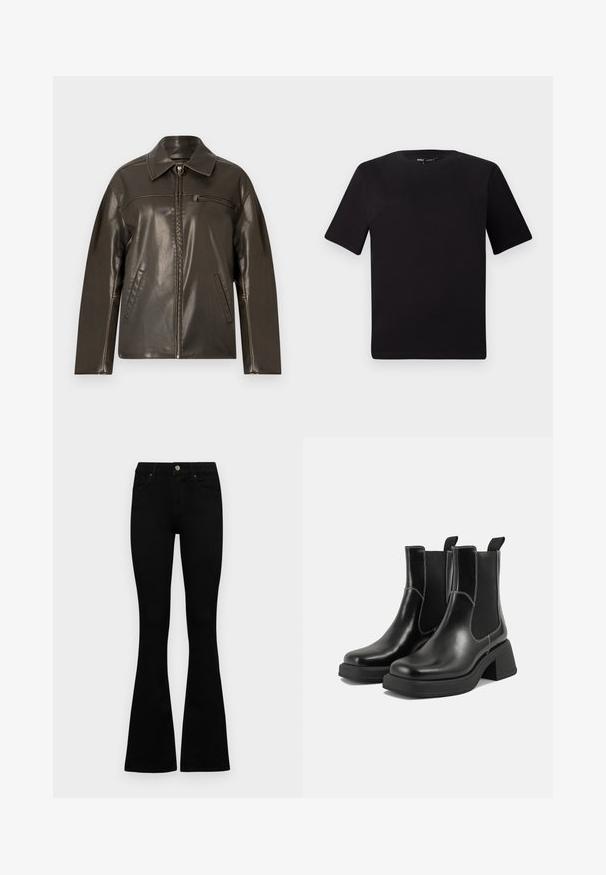 Ruda odinė striukė su užtrauktuku priekyje, smailiu apykaklės modeliu ir dviem šoniniais kišenėmis. Yra horizontalus siūlės kraštas per krūtinę ir glotni tekstūra.; Juodas trumpas rankovės marškinėlis su apvaliu iškirpimu, pagamintas iš minkštos medvilnės medžiagos. Paprastas dizainas, be matomų logotipų ar raštų.; Juodos aukšto liemens džinsai su mygtuku ir užtrauktuku, priekinėmis kišenėmis ir platėjančiomis kojomis, išdėstyti ant baltos fono.; Juodos odinės Chelsea botai su storiu kulnu, elastinėmis šoninėmis panelėmis ir kontrastinga balta siūle. Tekstūruota apdaila.