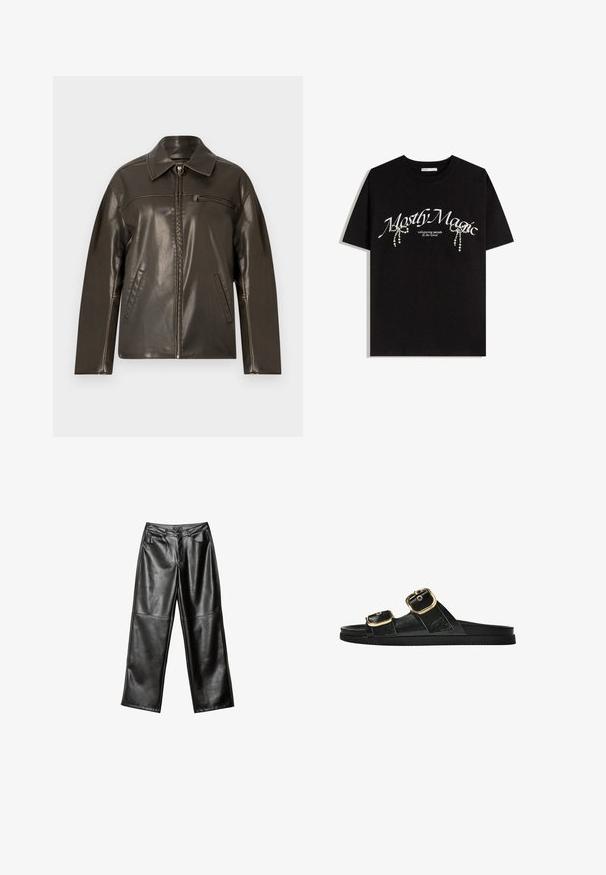Ruskea nahkatakki, jossa on vetoketjukiinnitys, terävä kaulus ja kaksi sivutaskua. Takissa on vaakasauma rinnan kohdalla ja sileä pinta.; Musta puuvillainen t-paita, jossa on valkoiset "Mostly Magic" -tekstit ja koristeelliset helmiakoristeet. Lyhyet hihat, rento malli ja pyöreä kaula-aukko.; Mustat nahkaiset leveälahkeiset housut, joissa on sileä pinta, viiden taskun muotoilu ja ommeltu yksityiskohtia lahkeissa ja vyötäröllä.; Musta liukusandaali, jossa on kaksi kultaisesta solkesta tehtyä korostusta, sileäpintainen materiaali, litteä pohja ja minimalistinen muotoilu.