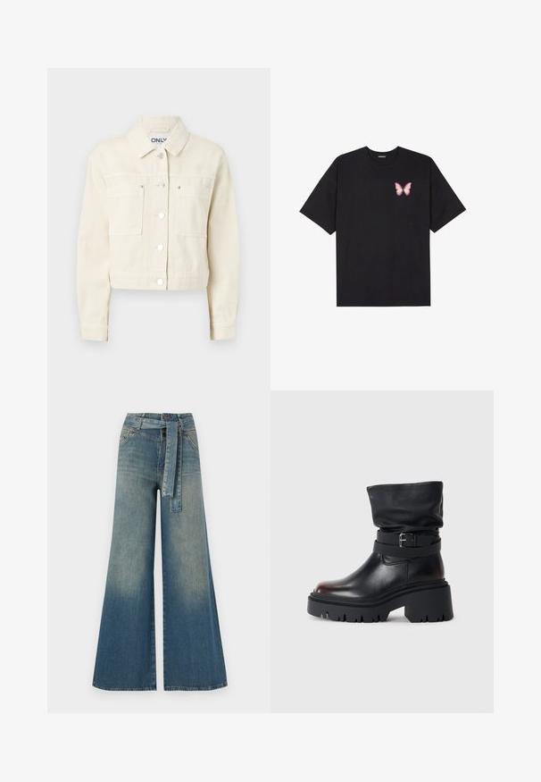 Jaqueta de ganga cropped bege clara com colarinho clássico, fechos de pressão frontais, dois bolsos no peito e mangas longas. Textura suave.; T-shirt de algodão preto com mangas curtas, apresentando um pequeno gráfico de borboleta rosa no lado esquerdo do peito. Design de gola redonda com um corte solto.; Calças de ganga de perna larga com um gradiente de azul claro a escuro, cintura alta, passantes para cinto e um cinto de tecido a condizer. Acabamento em ganga texturizada.; Bota de tornozelo em couro preto com parte superior solta, detalhe em fivela e sola grossa e resistente. Apresenta bico redondo e textura suave.