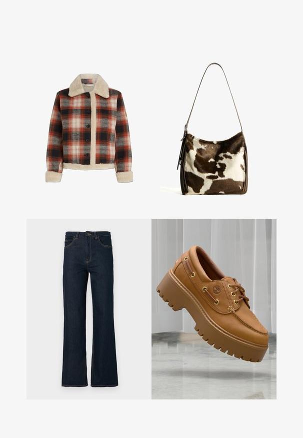 Geruite jas in rood, zwart en beige, met een schapenvachtkraag en voering, knoopsluiting en lange mouwen met schapenvachtmanchetten.; Crèmekleurige cropped sweater van zacht, textuurstof met lange mouwen en een ronde halslijn. Minimalistisch ontwerp, geen zichtbare hardware of patronen.; Donkerblauwe rechte denim jeans met voorzakken, riemlussen en een knoopsluiting bij de taille tegen een witte achtergrond.; Tanleren platform schoenen met dikke, gegroefde zolen, gouden veterogen en een eenvoudig, gestikt ontwerp. Bevat een klein logo aan de zijkant.; Bruine en crèmekleurige koeienhuid schoudertas met een gladde leren band, ritssluiting en een zachte, tekstuursurface met een natuurlijk patroon.