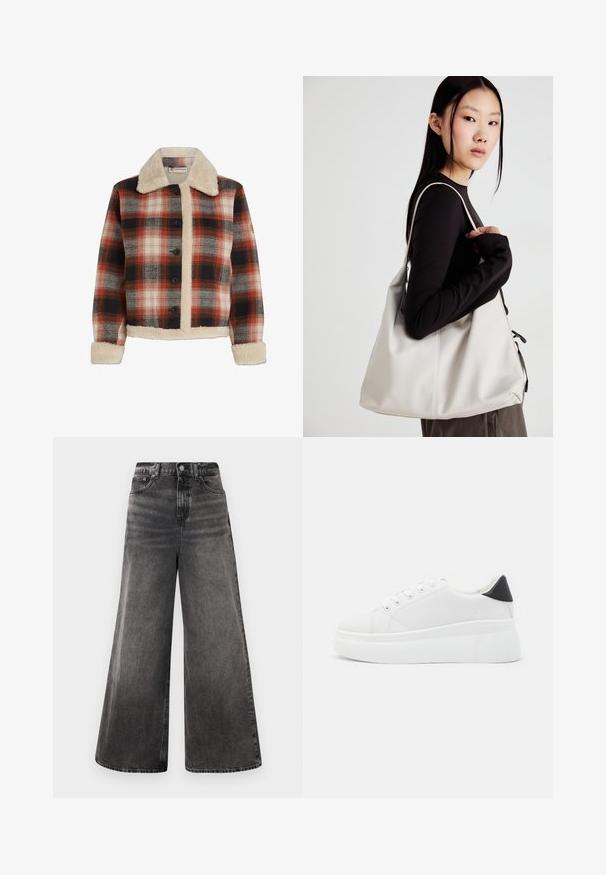 Sarkans, melns un bēšs pledu žakets, kas aprīkots ar vilnas apkakli un oderi, pogu aizdari un gariem piedurknēm ar vilnas aprocēm.; Balts bez piedurknēm tops ar apaļu kakla izgriezumu. Izgatavots no gludas auduma, tam ir brīvs piegriezums un minimālistisks dizains. Nav nekādas rakstainības vai akcentu.; Plati melni denima džinsi ar izbalējušu apdari, piecu kabatu dizains un pogu aizdare jostas vietā, ar izšūtiem akcentiem.; Baltas platforma kedas, izgatavotas no gludas sintētiskas vielas, ar noapaļotu purngalu, saites dizainu un teksturētu gumijas zoli. Melna papēža akcenta detaļa.; Bežs rokassoma, izgatavota no mīksta materiāla, ar brīvu dizainu, izšūtu apdari un divām plecu siksnām. Piemērota ikdienas lietošanai.