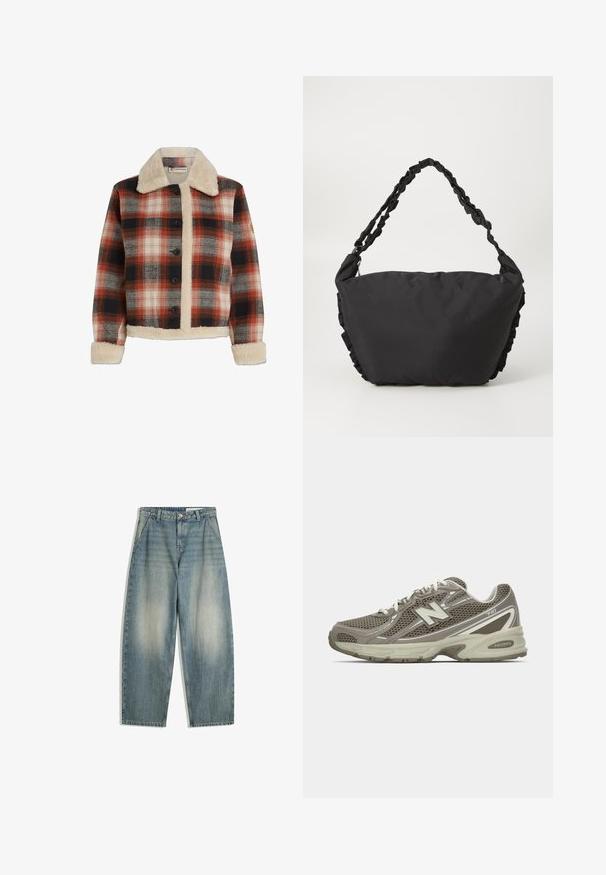 Veste à carreaux rouge, noir et beige, présentant un col et une doublure en shearling, une fermeture à boutons et des manches longues avec des poignets en shearling.; T-shirt à manches longues crème avec un texte rouge en gras disant "COPENHAGUE" dans un design en arc. Matériau en coton doux. Coupe standard.; Jean bleu à jambes larges et décolorées avec poches avant, passants de ceinture, fermeture à glissière et bouton, à plat sur un fond blanc.; Chaussure de sport en maille grise et beige avec une surface texturée, dotée d'une semelle rembourrée, de lacets blancs et de détails réfléchissants argentés.; Sac en tissu noir avec un corps structuré et doux, orné de volants sur les côtés. Il dispose d'une sangle tressée pour le port.