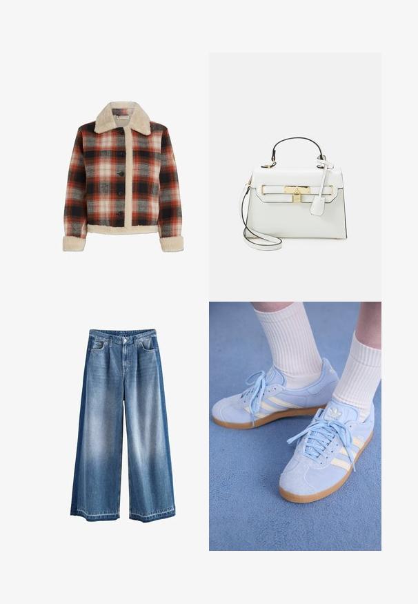 Geruite jas in rood, zwart en beige, met een schapenvachtkraag en voering, knoopsluiting en lange mouwen met schapenvachtmanchetten.; Zwarte getailleerde t-shirt met een vierkante halslijn en korte mouwen. Gecombineerd met high-waisted broeken met een zwart en crème spetterpatroon.; Wijdvallende denim broek in licht tot middelblauw, met een vervaagde wassing, klassieke zakken en een knoopsluiting. Stevig katoen materiaal.; Lichtblauwe suède sneakers met witte strepen, platte veters en een gumrubberen zool. Geribbelde witte sokken worden boven de enkel gedragen.; Witte handtas met krokodillenstructuur, gouden hardware, bovenhandvat en afneembare schouderband; beschikt over een slotvergrendeling en een minimalistisch ontwerp.