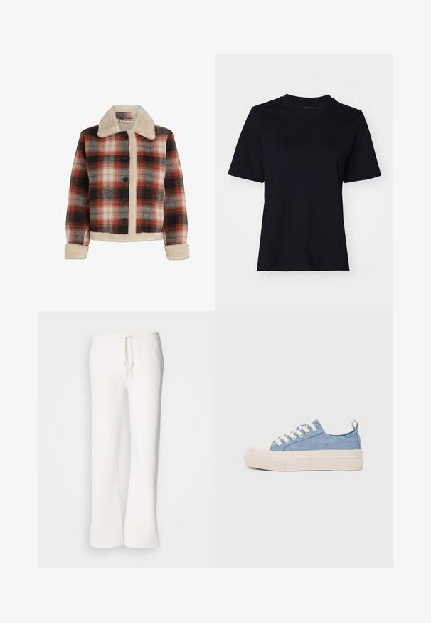 Veste à carreaux rouge, noir et beige, présentant un col et une doublure en shearling, une fermeture à boutons et des manches longues avec des poignets en shearling.; T-shirt en coton noir à manches courtes, col rond et coupe décontractée. Texture lisse, sans motifs ni graphismes visibles.; Pantalons de jogging blancs, à coupe décontractée, fabriqués en tissu doux, dotés d'une taille élastique avec cordon de serrage et d'une conception à jambe droite.; Baskets en toile bleu clair avec une coque en caoutchouc crème et une semelle extérieure, dotées de lacets blancs et d'une languette au talon.