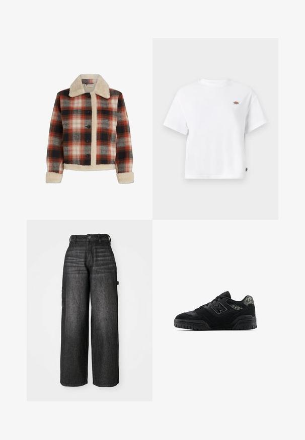 Plaid jacket in red, black, and beige, featuring a shearling collar and lining, button closure, and long sleeves with shearling cuffs.; White cotton t-shirt with a relaxed fit, featuring a small logo patch on the chest and a tag on the side for added detail.; Wide-leg cargo jeans in dark denim. Features a high waist, two side pockets, and a subtle faded texture. Durable fabric and tailored fit.; Black low-top sneaker with textured sole, lace-up design, suede panels, and patterned accents on heel and side logo.