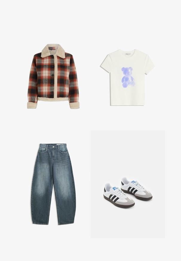 Plaid jacket in red, black, and beige, featuring a shearling collar and lining, button closure, and long sleeves with shearling cuffs.; White cotton t-shirt featuring a translucent purple teddy bear graphic on the front, round neckline, short sleeves, and a relaxed fit.; Light blue denim wide-leg jeans feature a high waist, five pockets, subtle fading, and stitching accents along the seams.; Sport shoes with a white leather upper, gray suede toe, and three black stripes. Features a blue logo on the tongue and a textured rubber sole.