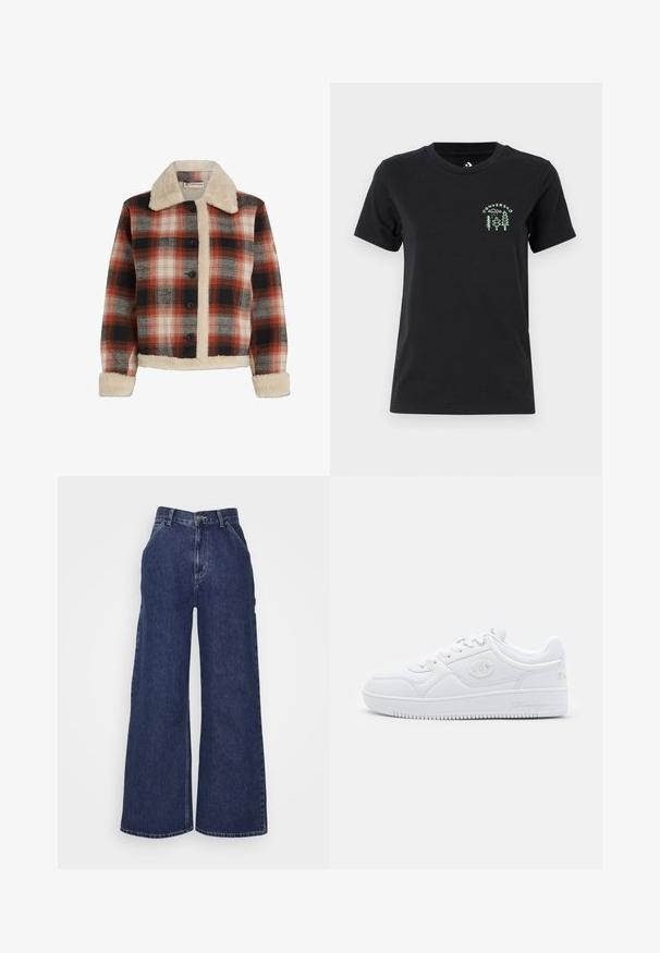 Pöttyös kabát piros, fekete és bézs színben, báránybőr gallérral és béléssel, gombos záródással és hosszú ujjakkal, báránybőr mandzsettákkal.; Converse FOREST ART TEE - Nyomott mintás póló - black; Sötétkék, bő szárú farmernadrág, magas derékkal, elülső zsebekkel és fémből készült gombos cipzárral. Simább textúra és klasszikus dizájn.; Fehér sneaker sima szintetikus anyagból, kerek orral, lapos talppal, és diszkrét logó dekorációval az oldalán. Klasszikus alacsony fazon.