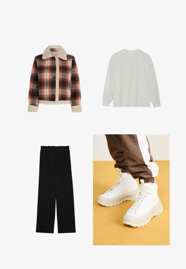 Kostkovaná bunda v červené, černé a béžové barvě, s límcem a podšívkou z ovčí vlny, zapínáním na knoflíky a dlouhými rukávy se manžetami z ovčí vlny.; Světle šedé tričko s dlouhým rukávem vyrobené z měkké bavlny. Má volný střih, kulatý výstřih a jemně nařasené manžety. Bez vzorů nebo grafik.; Černé široké nohavice s volánkovým pasem, které mají dvě boční kapsy a hladkou, lehkou tkaninu. Žádné viditelné vzory ani kovové prvky.; Bílé vysoké tenisky s robustní, texturovanou podrážkou, s hladkým svrškem, kulatou špičkou a tonálními tkaničkami, umístěné na žlutém pozadí.