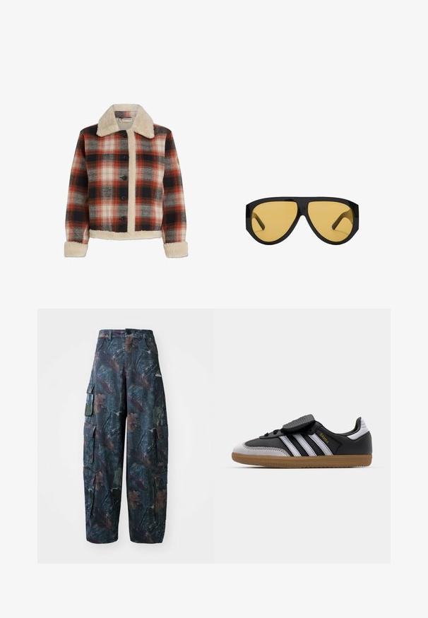 Rutigt jacka i röd, svart och beige, med fårskinnskrage och foder, knappstängning och långa ärmar med fårskinnsmuddar.; Svart tröja med v-ringad design, prydd med siffran "25" i vitt och lila, samt en Adidas-logotyp på bröstet och ärmförstärkningar.; Kamouflagemönstrade cargo-byxor i mörkgrön och brun, med flera fickor och en lös passform, gjorda av ett lätt och slitstarkt tyg.; Svart läder och gråmocka sneakers med vita ränder, gummisula, snörning framtill och kardborreband. Har "Samba"-logotyp i guld.; Sunglasses med en slank svart plastbåge och gula tonade linser, med en distinkt vinkelform och breda skalmar för ökat skydd.