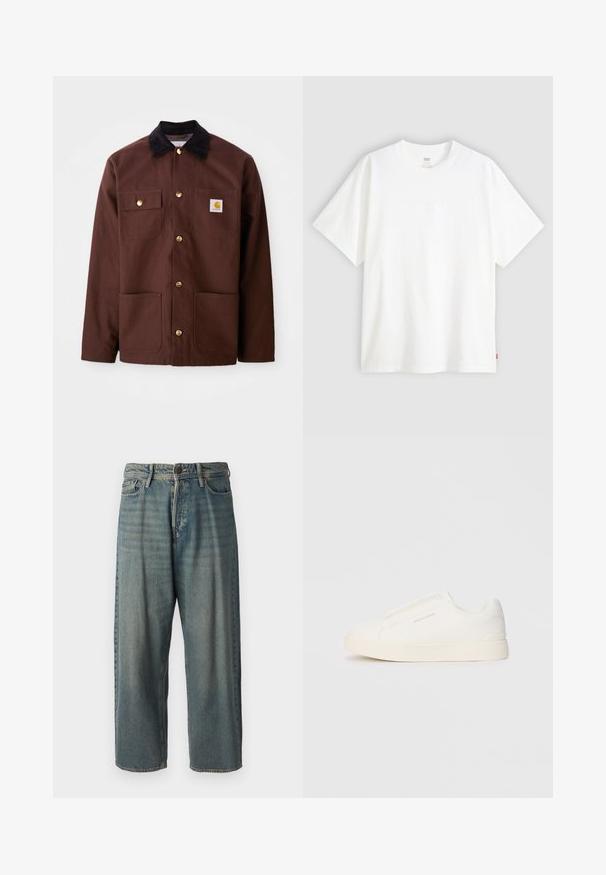 Brun bomullsjakke med svart cordfløyelskrage, gullknapper, to brystlommer og et firkantet logo-lapp på venstre lomme.; Hvit t-skjorte med korte ermer laget av bomull, med rund hals. Har diskret preget logo detalj foran og en rød etikett på kanten.; Lyseblå denimjeans med løs passform, midjehøyde og rette ben. Har fem lommer, beltehemper og knappelukking.; Hvite slip-on joggesko med teksturert overflate, tykk såle og minimalistisk design. Har merkevarelogo på siden.