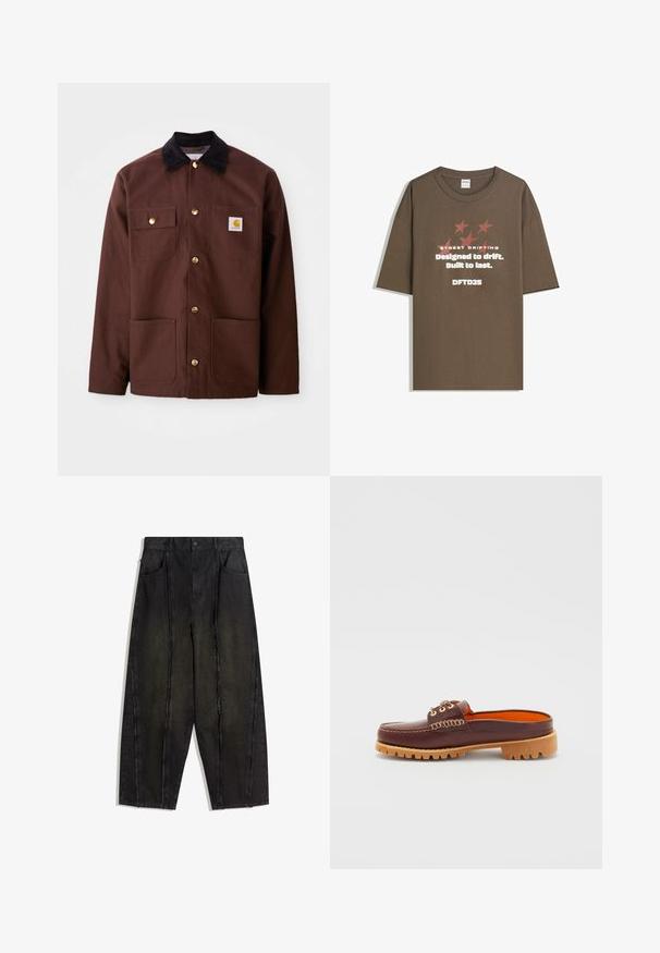Bruine katoenen jas met een zwarte corduroy kraag, gouden knopen, twee borstzakken en een vierkante logo patch op de linkerzak.; Bruine katoenen T-shirt met korte mouwen, voorzien van grafische tekst en sterren in contrasterende kleuren. Rechte snit met een ronde hals.; Zwarte denim broek met wijde pijpen, zichtbare naden en rafelige randen, met twee voorkozyekken en een hoge taille.; Bruine leren instapschoen met een ronde neus, textuurstiksels, gouden oogjes en een tan gekleurde, geribbelde zool. Het interieur is feloranje.