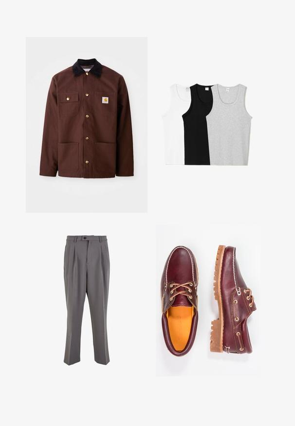 Braune Baumwolljacke mit einem schwarzen Cordkragen, goldenen Knöpfen, zwei Brusttaschen und einem quadratischen Logopatch auf der linken Tasche.; Drei Trägershirts in Weiß, Schwarz und Grau. Jedes Shirt hat einen runden Ausschnitt und ein ärmelloses Design und besteht aus einem weichen Baumwollmix.; Graue, plissierte Hose aus glattem Stoff, mit geradem Schnitt, einem Knopfverschluss und Gürtelschlaufen. Minimalistisches Design.; Bordeauxfarbene Lederschuhe mit braunen Gummisohlen, runder Zehenform, weißen Nähten und goldenen Ösen. Das Innenfutter weist eine gelbe Beschichtung auf.