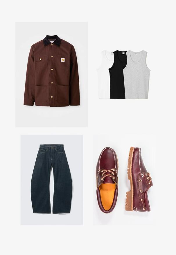 Bruine katoenen jas met een zwarte corduroy kraag, gouden knopen, twee borstzakken en een vierkante logo patch op de linkerzak.; Drie tanktops in wit, zwart en grijs. Elk voorzien van een ronde halslijn en een mouwloos ontwerp, gemaakt van een zachte katoenmix.; Donkerblauwe wijd uitlopende jeans van denim, met vijf zakken, zichtbare stiksels, een knoopsluiting en een nette afwerking.; Bordeaux leren schoenen met bruine rubberen zolen, ronde neus, witte stiksels en gouden veterogen. Het interieur heeft een gele voering.
