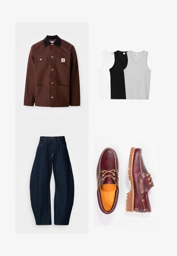 Hnědá bavlněná bunda s černým kordovým límcem, zlatými knoflíky, dvěma náprsními kapsami a čtvercovou nášivkou loga na levé kapse.; Tři tílka v bílé, černé a šedé barvě. Každé má kulatý výstřih a bezrukávový design, vyrobeno z jemné bavlněné směsi.; Tmavě modré džíny z denimu s širokým střihem, které mají výrazné švy, pět kapes a mosazné zapínání v pase.; Burgundské kožené boty s hnědými gumovými podrážkami, kulatou špičkou, bílým prošíváním a zlatými očky. Interiér obsahuje žlutou podšívku.