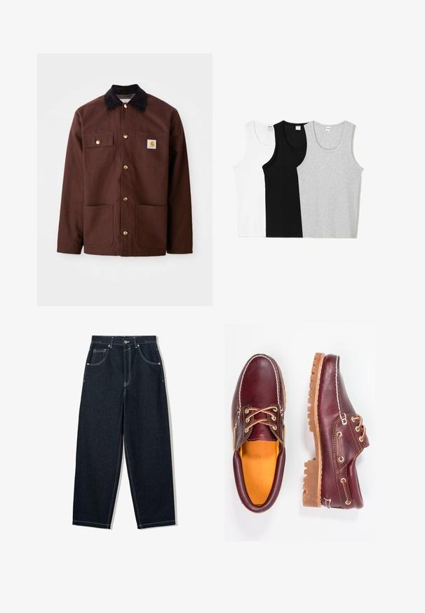 Bruine katoenen jas met een zwarte corduroy kraag, gouden knopen, twee borstzakken en een vierkante logo patch op de linkerzak.; Drie tanktops in wit, zwart en grijs. Elk voorzien van een ronde halslijn en een mouwloos ontwerp, gemaakt van een zachte katoenmix.; Wijdbenige, donkerblauwe spijkerbroek met contrasterende witte stiksels, vijf zakken en een knoopsluiting. Voorzien van een hoge taille.; Bordeaux leren schoenen met bruine rubberen zolen, ronde neus, witte stiksels en gouden veterogen. Het interieur heeft een gele voering.