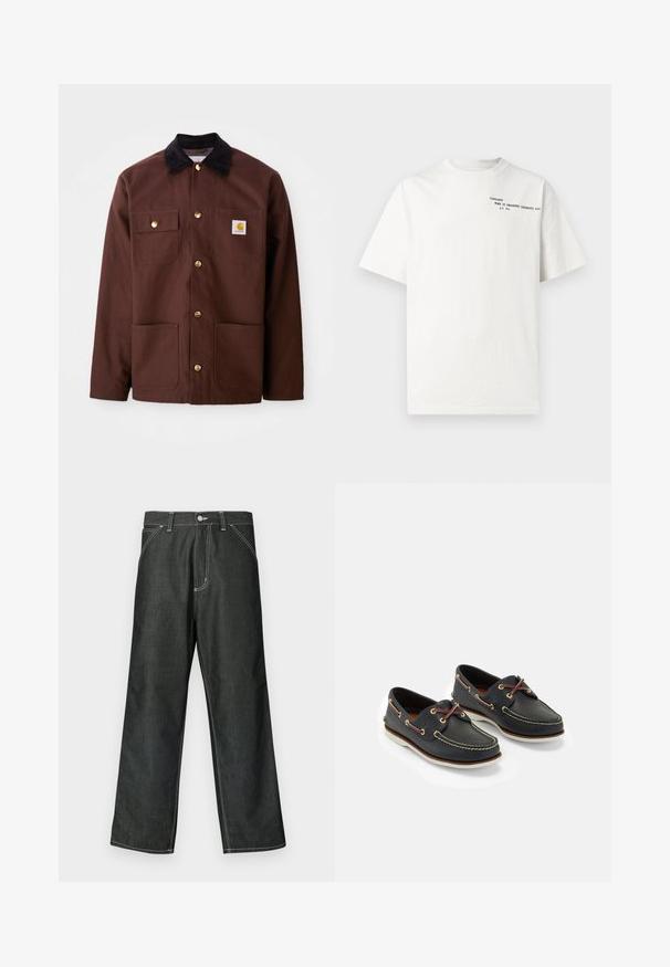 Bruine katoenen jas met een zwarte corduroy kraag, gouden knopen, twee borstzakken en een vierkante logo patch op de linkerzak.; Wit katoenen t-shirt met korte mouwen, ronde hals en zwarte opdruk op de borst met de tekst "Carhartt Work in Progress 1989".; Donkere denim wijde broek met witte stiknaden, standaard ontwerp met vijf zakken, metalen knoopsluiting en rechte zomen.; Marine leren botenschoenen met gele stiksels, rode veters en zilveren oogjes; ronde neus; witte rubberen zool.