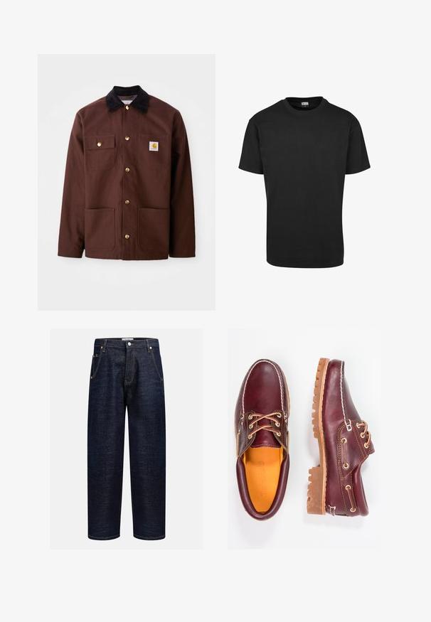 Brown cotton jacket with a black corduroy collar, gold buttons, two chest pockets, and a square logo patch on the left pocket.; Black cotton T-shirt with a crew neckline, short sleeves, and a straight hem. Smooth texture; simple, unadorned design.; Dark denim jeans with a straight fit, featuring five pockets, copper rivets, and contrasting stitching along the seams.; Burgundy leather shoes with brown rubber soles, round toe, white stitching, and gold eyelets. Interior features a yellow lining.
