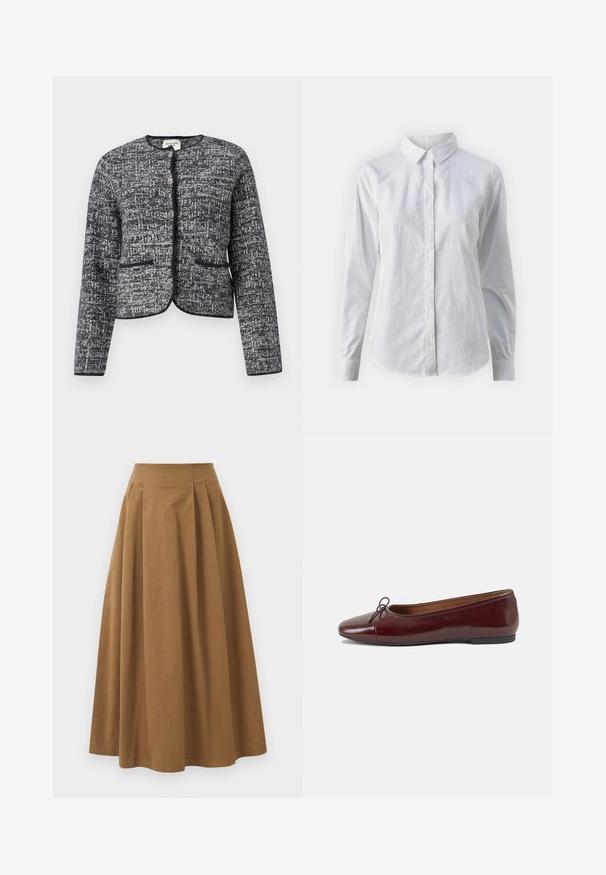 Jachetă texturată gri și neagră cu guler rotund, cinci butoane metalice și două buzunare frontale, finisată cu margine neagră.; Cămașă albă cu nasturi, confecționată din bumbac neted, având un guler clasic, mâneci lungi și un tiv curbat. Nasturii sunt mici și albi.; Fustă A-line din bumbac maro, cu talie înaltă, având pliseuri pe față și o textură netedă. Marginile sunt finisate curat și simplu.; Balerini din piele patent burgund cu vârful rotund, accent de fundiță mică în față și talpă joasă din cauciuc negru. Textură netedă.