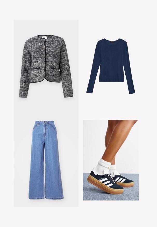 Graue und schwarze gemusterte Jacke mit rundem Halsausschnitt, fünf metallischen Knöpfen und zwei Taschen vorne, abschließend mit schwarzem Besatz.; Marineblaues Langarmshirt aus weichem Material, mit Rundhalsausschnitt und flachen Nähten an den Ärmeln, in lockerer Passform.; adidas Originals Jeans Straight Leg - light denim; Schwarze Wildledersneaker mit weißen Streifen und Akzenten, rundlicher Zehenbereich, Sohlen aus braunem Gummi, kombiniert mit weißen, gerippten Sneakersocken.