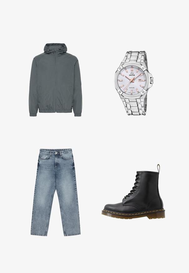 Grijze lichtgewicht jas met een capuchon, rits aan de voorkant, elastische manchetten, zijzakken en een zachte textuur, ontworpen voor casual gebruik.; Groene gebreide trui met een hoge halslijn, verlaagde schoudernaden en geribde manchetten en zoom. Kenmerkt zich door een textuur, zacht stof.; Lichtblauwe denim jeans met een rechte pijp, zichtbare stiksels, vijf zakken en een knoopsluiting in de taille.; Zwarte leren enkellaars met ronde neus, vetersluiting met oogjes, oranje stiksels en een chunky doorzichtige zool. Aan de achterkant bevindt zich een trekband.; Zilveren roestvrijstalen horloge met een gestructureerde witte wijzerplaat, rosegouden accenten, datumaanduiding en een schakelsband. Saffierglazen dekking.