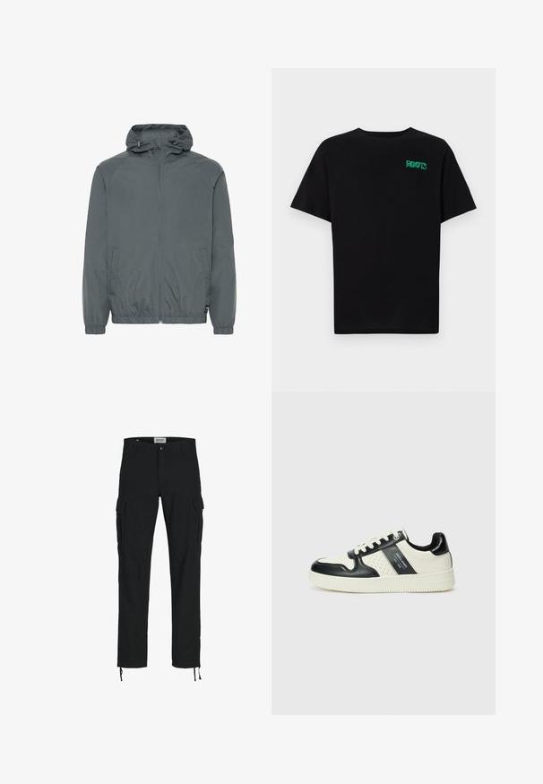 Pelēks viegls jaka ar kapuci, ar rāvējslēdzēju priekšpusē, elastīgām aprocēm, sānu kabatām un gludu tekstūru, paredzēta ikdienas valkāšanai.; Melna kokvilnas t-kreka ar īsām piedurknēm. Uz priekšu ir zaļa "ROOTS" logo, apaļa kakla izgriezums un standarta piegriezums.; Melni cargo bikses ar taisnu piegriezumu, ar sānu kabatām, pogu aizdari un elastīgām auklām pie potītēm. Izgatavotas no izturīga auduma.; Ādas sporta apavi ar melnbaltu krāsu shēmu, ar perforētiem akcentiem, mīkstinātu apkakli un teksturētu zoli.