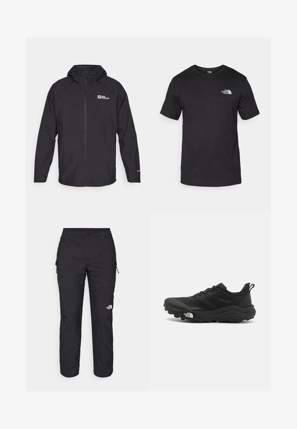 Veste à capuche noire en matériau léger et imperméable, avec une fermeture éclair à l'avant et un logo sur la poitrine gauche. Manches élastiques incluses.; T-shirt noir à manches courtes en coton, avec un col rond et un petit logo blanc sur le côté supérieur gauche de la poitrine.; The North Face WINTER EXPLORATION TAPERED CARGO - Pantalons outdoor - black; Chaussure de trail running noire avec une tige texturée, semelle en caoutchouc et bout renforcé. Présente un col rembourré et une tirette pour un enfilage facile.
