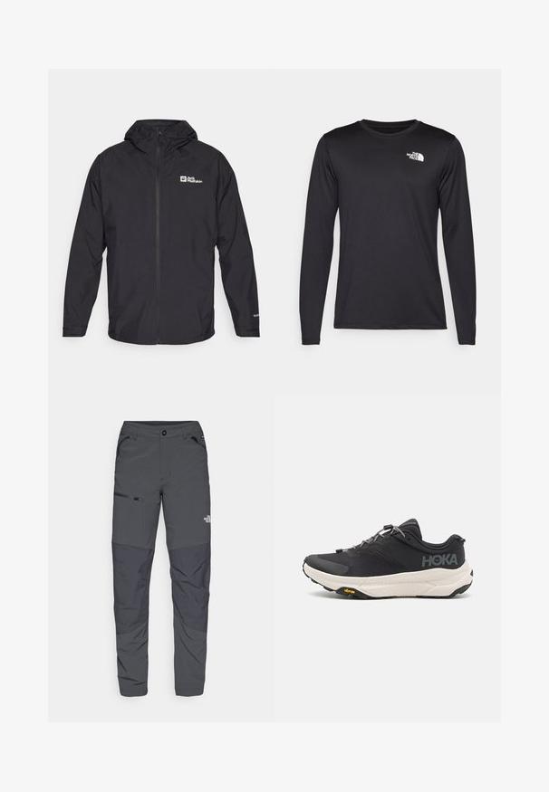 Fekete kapucnis dzseki, könnyű, vízálló anyagból készült, elöl cipzárral és bal mellkason emblémával. Rugalmas mandzsetták tartoznak hozzá.; Hosszú ujjú fekete teljesítmény póló, könnyű anyagból készült, a bal felső mellen fehér logóval. Sima textúra.; Szürke kültéri nadrág sima textúrával, oldalzsebében cipzárral, megerősített térdszakaszokkal és diszkrét logóval.; Fekete sportcipő texturált felsőrésszel, szürke kiegészítőkkel, fényvisszaverő részletekkel és vastag fehér talppal, amelyen Vibram márkajelzés található.