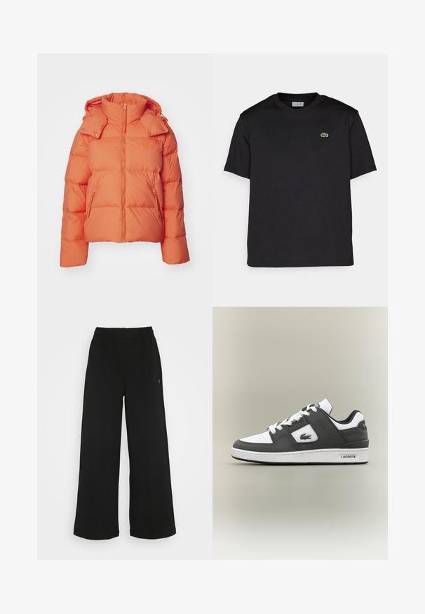 Orange puffer jacket with a high collar, zippered front, and side pockets. Made from quilted fabric, featuring a logo accent on the chest.; Black cotton t-shirt with a round neckline, short sleeves, and a small green embroidered logo on the left chest. Simple design.; Black wide-leg pants with an elastic waistband. Made from a soft, lightweight material. Features vertical seams along the front.; Black and white Lacoste sneaker with white laces, perforated toe, crocodile logo on side, and branded sole on a neutral background.