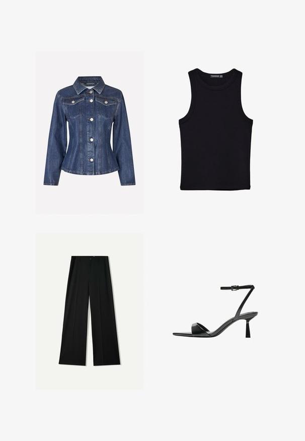 Envii EVELYN - Jeansjacka - waxed denim; Svart linne i bomull, med rund halsringning och breda armhål. Slät yta med sydda fållar. Klassisk, minimalistisk design.; Bershka WIDE - Tygbyxor - black; Bershka Sandaletter - black