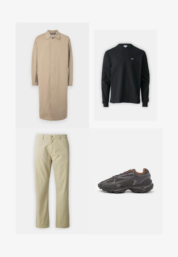 Cappotto lungo color sabbia con chiusura a un solo bottone, tasche laterali e taglio dritto. Realizzato in un tessuto liscio con dettagli di cucitura minimi.; T-shirt a maniche lunghe nera in cotone, con scollatura rotonda e un piccolo logo di coccodrillo ricamato in verde sul lato sinistro del petto.; Pantaloni in cotone beige dal design a gamba dritta, con chiusura frontale a bottone e passanti per cintura. Tessuto liscio, senza motivi o dettagli visibili.; Sneaker Lacoste grigie scure in materiale mesh e sintetico, con suola testurizzata e dettagli marroni sul colletto e sul branding.